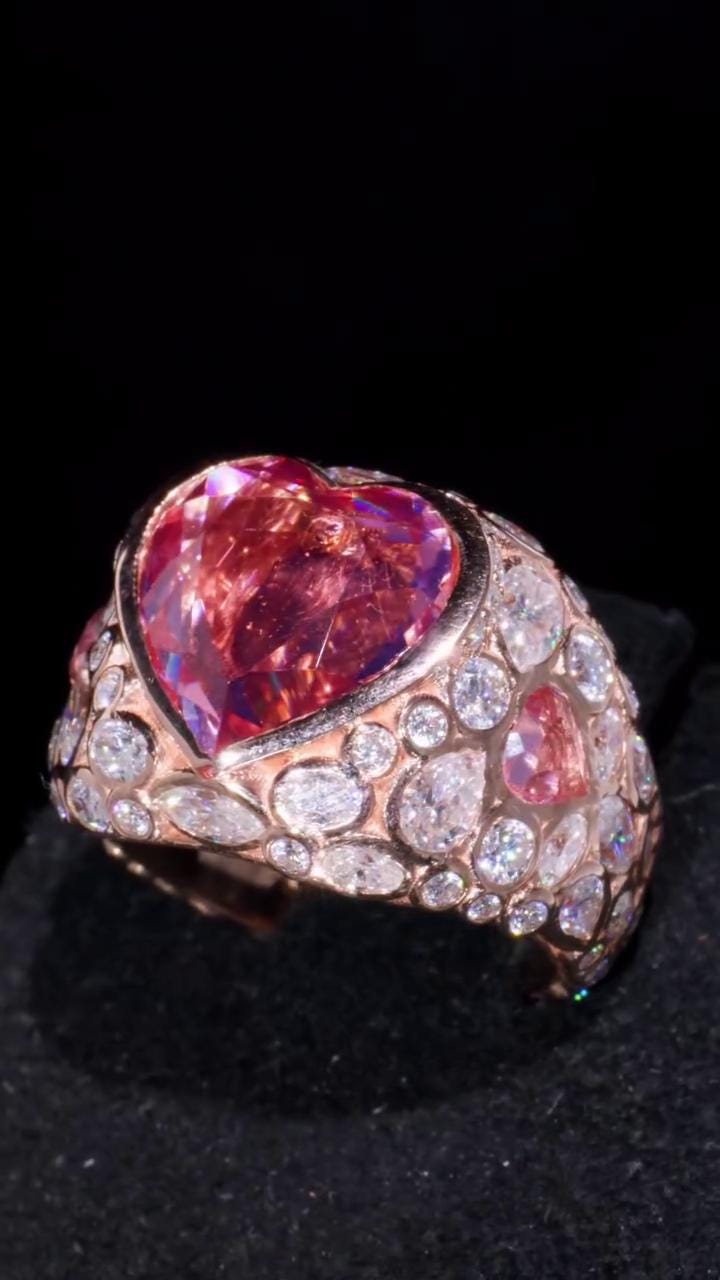 8 Carat Pink Heart Moissanite Pinky Ring, Rose Gold Iced Out Hip Hop Ring, Pear & Marquise Cluster Bling, Rapper Statement Jewelry
