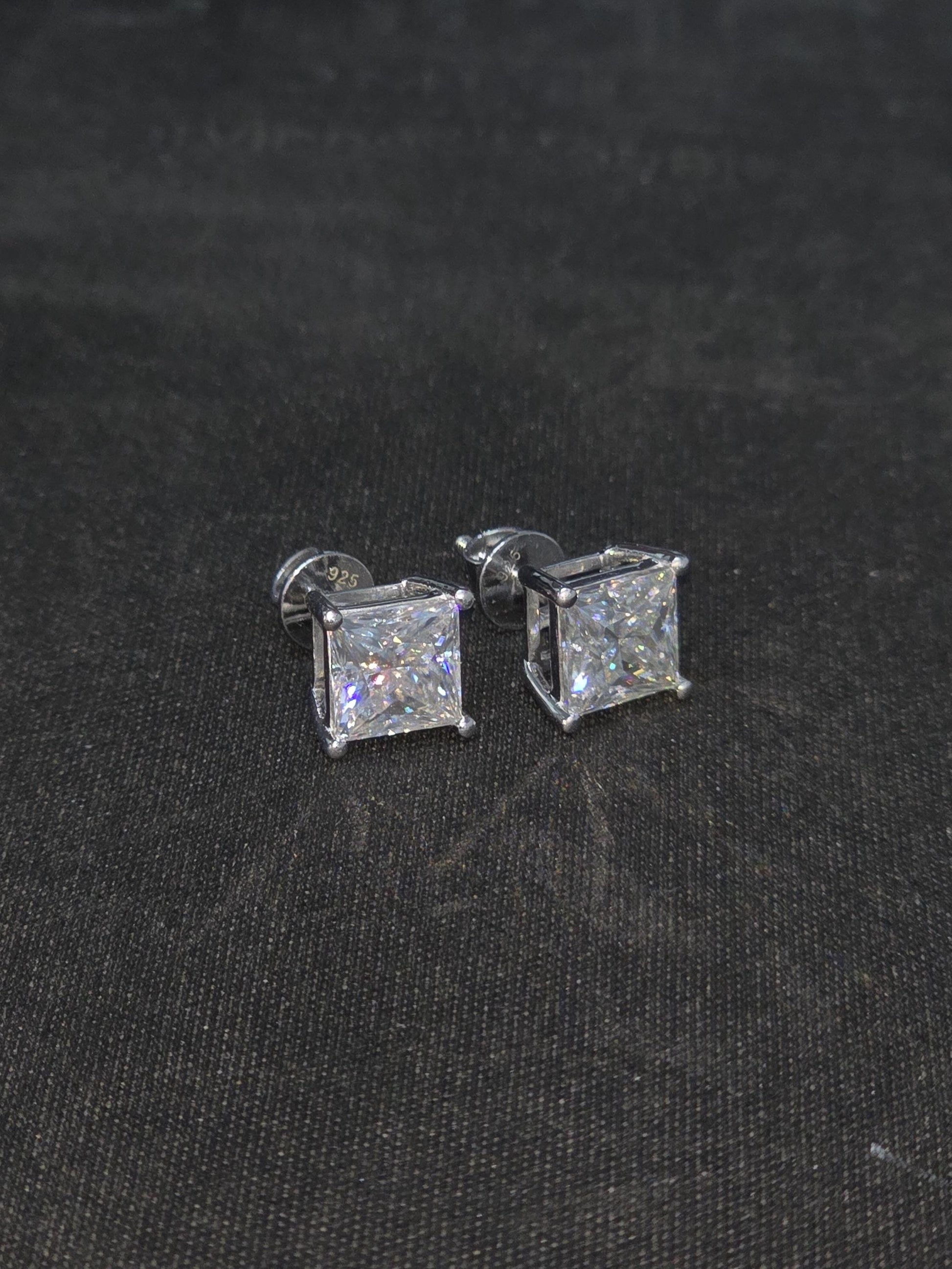 7mm Princess Cut Moissanite Stud Earrings, D Color VVS1, 925 Sterling Silver, Screw Back, Iced Out Diamond Studs for Men & Women