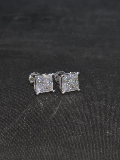 7mm Princess Cut Moissanite Stud Earrings, D Color VVS1, 925 Sterling Silver, Screw Back, Iced Out Diamond Studs for Men & Women
