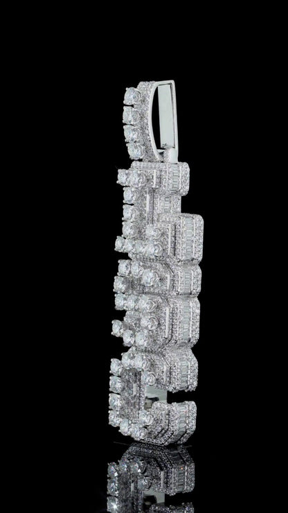 VVS Moissanite Vertical Pendant, Rhodium Plated Sterling Silver, Diamond Tester Approved Hip Hop Jewelry