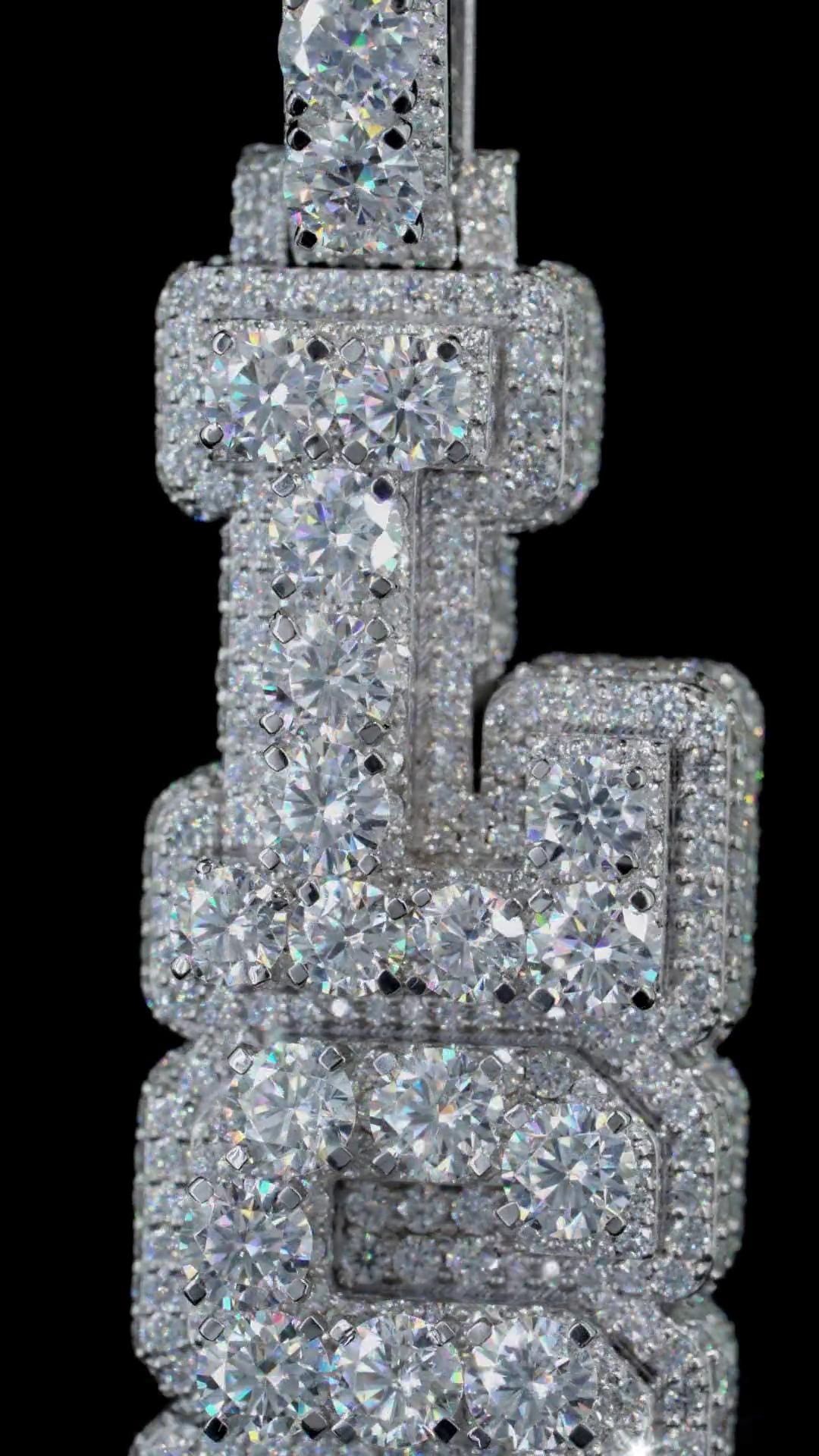VVS Moissanite Vertical Pendant, Rhodium Plated Sterling Silver, Diamond Tester Approved Hip Hop Jewelry