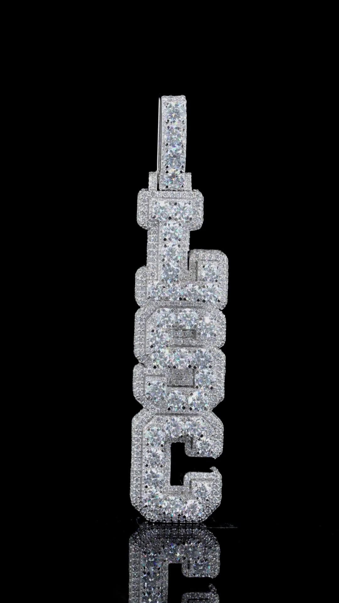 VVS Moissanite Vertical Pendant, Rhodium Plated Sterling Silver, Diamond Tester Approved Hip Hop Jewelry