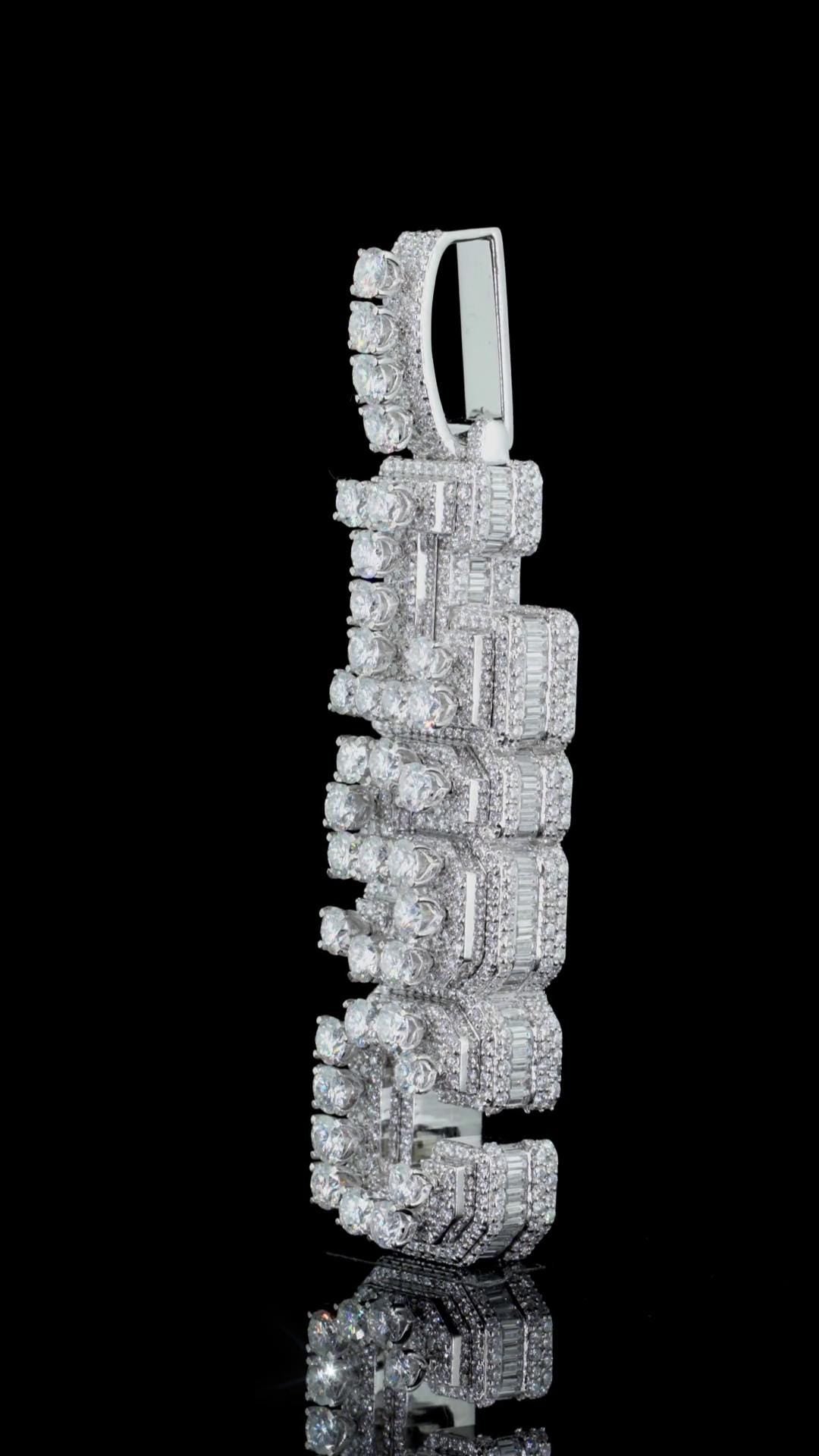 VVS Moissanite Vertical Pendant, Rhodium Plated Sterling Silver, Diamond Tester Approved Hip Hop Jewelry
