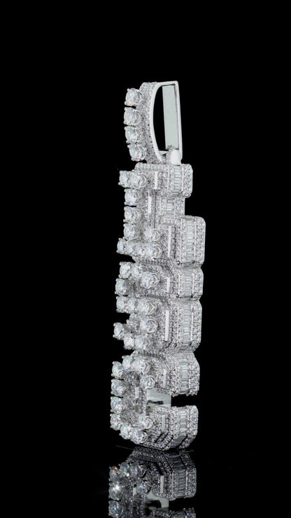 VVS Moissanite Vertical Pendant, Rhodium Plated Sterling Silver, Diamond Tester Approved Hip Hop Jewelry