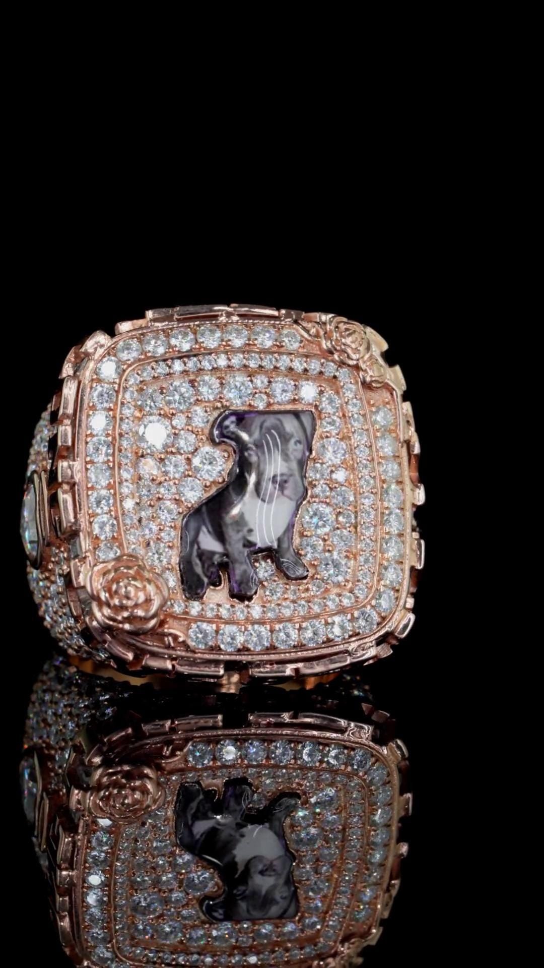 Custom Iced Out Championship Style Memorial Ring, Rose Gold Plated 925 Sterling Silver & VVS Moissanite, Personalized Hip Hop Bling Ring