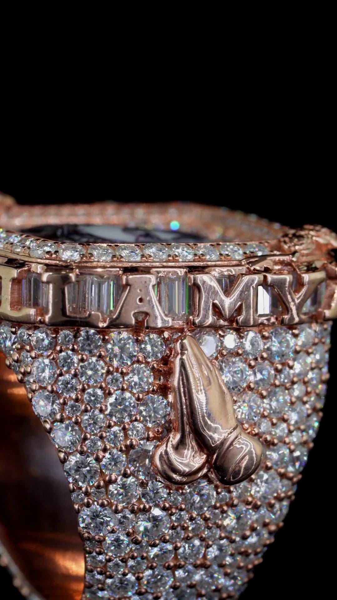 Custom Iced Out Championship Style Memorial Ring, Rose Gold Plated 925 Sterling Silver & VVS Moissanite, Personalized Hip Hop Bling Ring