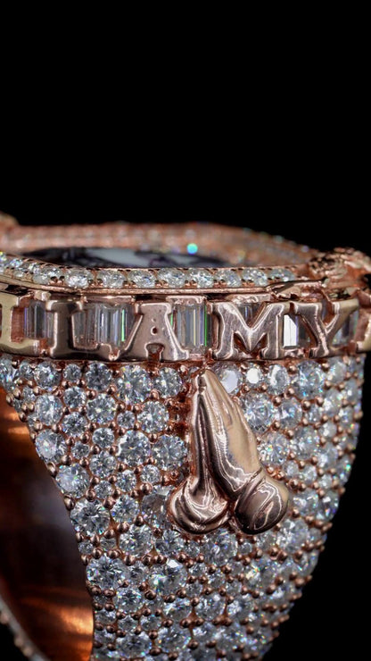 Custom Iced Out Championship Style Memorial Ring, Rose Gold Plated 925 Sterling Silver & VVS Moissanite, Personalized Hip Hop Bling Ring
