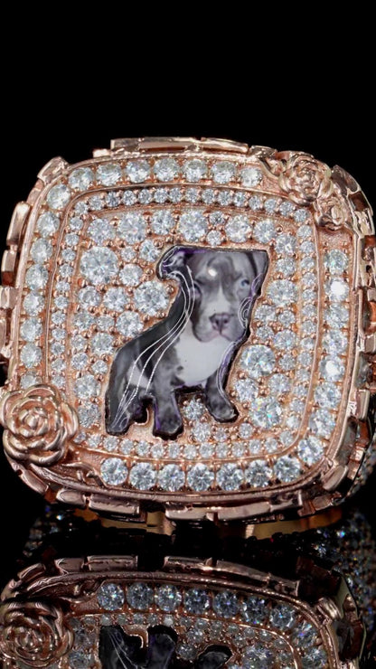 Custom Iced Out Championship Style Memorial Ring, Rose Gold Plated 925 Sterling Silver & VVS Moissanite, Personalized Hip Hop Bling Ring