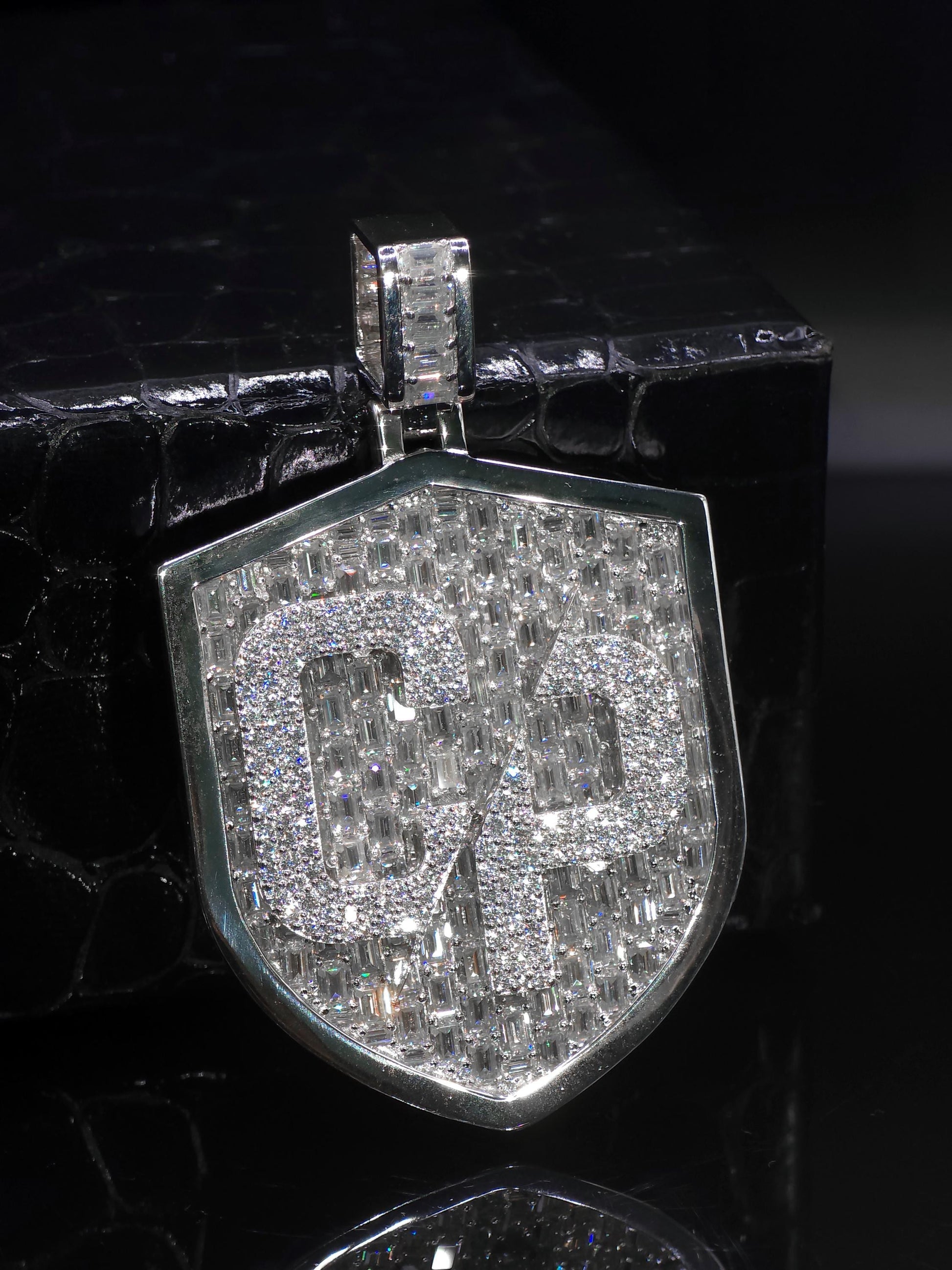 VVS1 Moissanite Shield Pendant | Custom Hip Hop Necklace | Emerald & Round Cut | 925 Sterling Silver Iced Jewelry