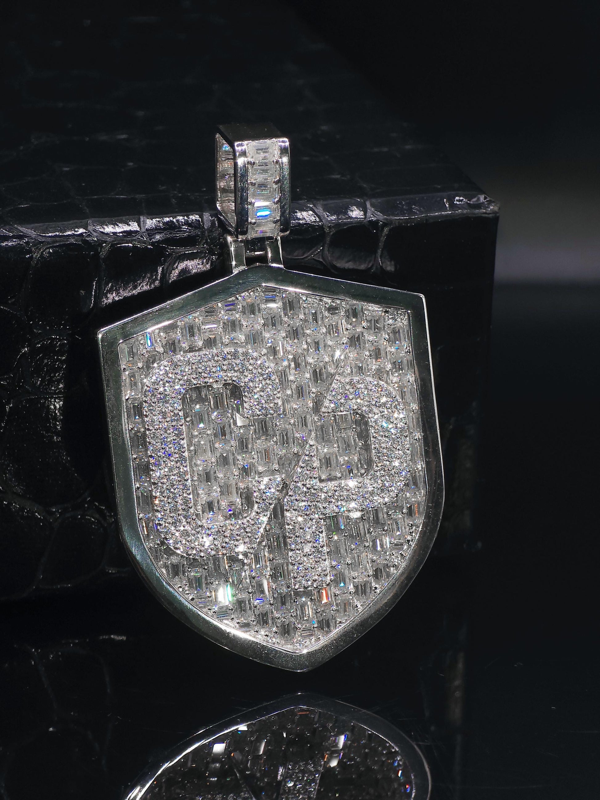 VVS1 Moissanite Shield Pendant | Custom Hip Hop Necklace | Emerald & Round Cut | 925 Sterling Silver Iced Jewelry