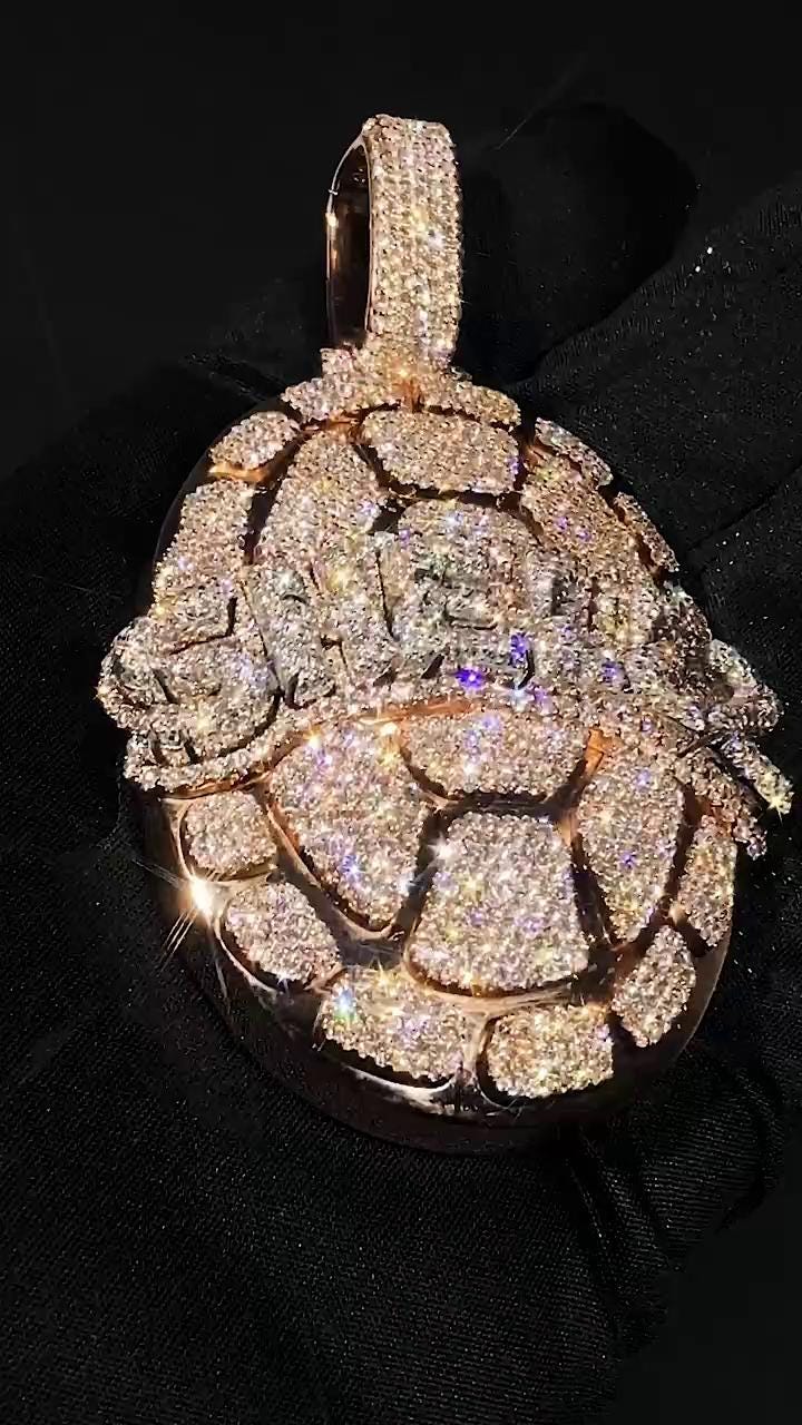 Iced Out Turtle Shell Pendant, Custom Hip Hop Bling, VVS Moissanite / AAA CZ, 925 Sterling Silver, Personalized Rapper Jewelry
