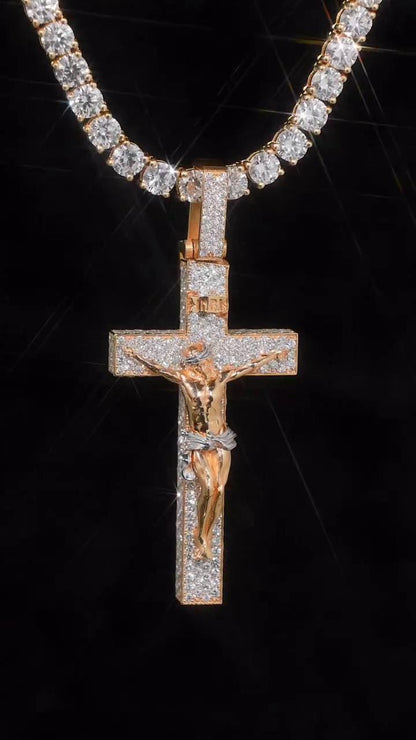 Iced Out Crucifix Pendant Necklace, VVS Moissanite Jesus Cross Pendant, 925 Sterling Silver Christian Necklace, Hip Hop Religious Jewelry