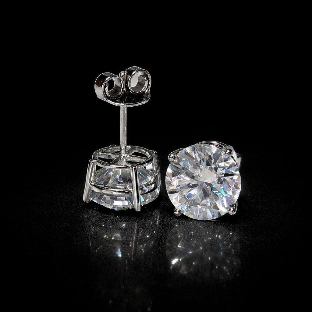 10mm Jumbo Moissanite Stud Earrings, D Color VVS1 Round Cut, 8 Carat Total Weight, 925 Sterling Silver or Solid 10K Gold