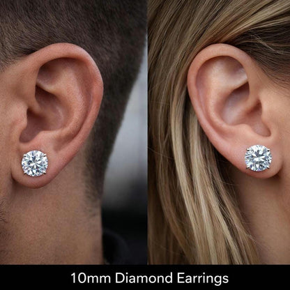 10mm Jumbo Moissanite Stud Earrings, D Color VVS1 Round Cut, 8 Carat Total Weight, 925 Sterling Silver or Solid 10K Gold