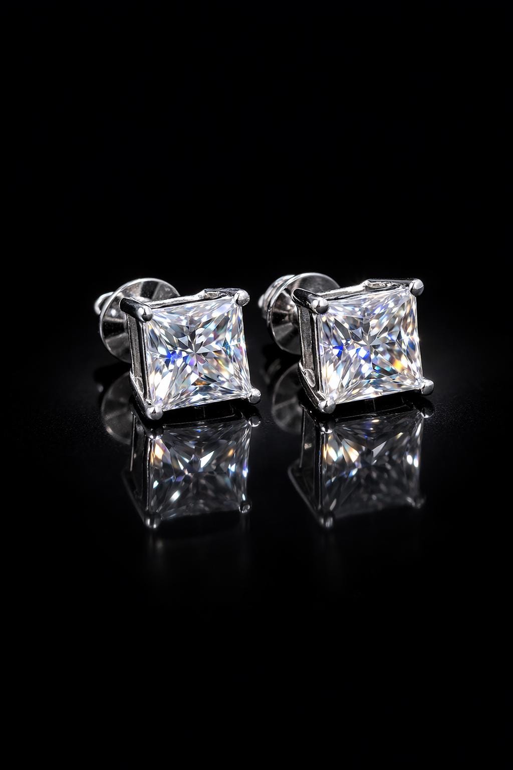7mm Princess Cut Moissanite Stud Earrings, D Color VVS1, 925 Sterling Silver, Screw Back, Iced Out Diamond Studs for Men & Women