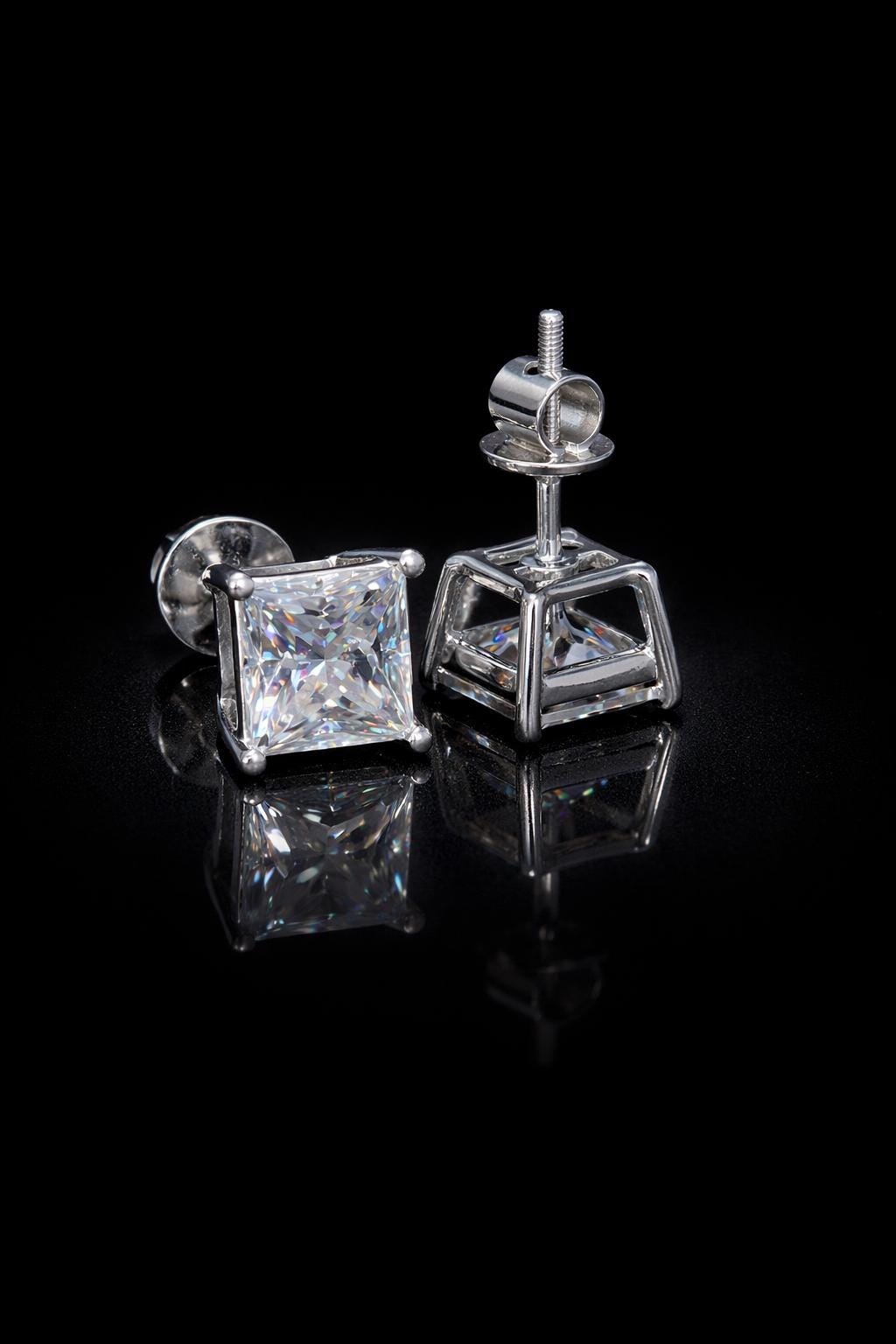 7mm Princess Cut Moissanite Stud Earrings, D Color VVS1, 925 Sterling Silver, Screw Back, Iced Out Diamond Studs for Men & Women