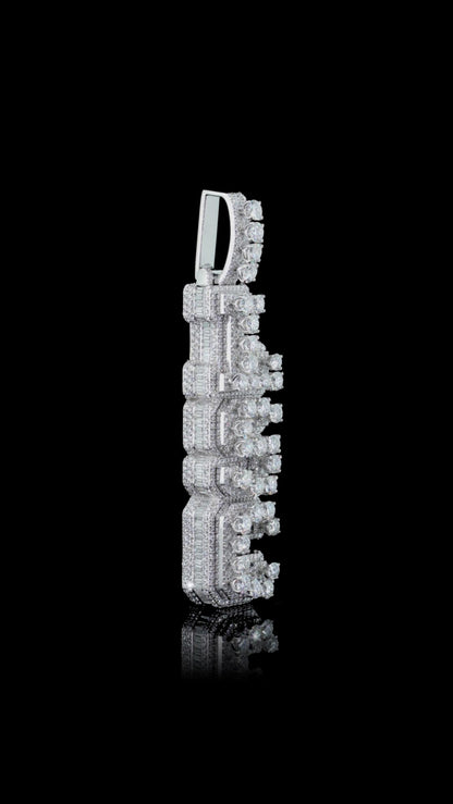 VVS Moissanite Vertical Pendant, Rhodium Plated Sterling Silver, Diamond Tester Approved Hip Hop Jewelry
