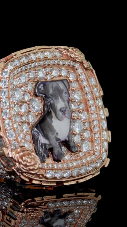 Custom Iced Out Championship Style Memorial Ring, Rose Gold Plated 925 Sterling Silver & VVS Moissanite, Personalized Hip Hop Bling Ring