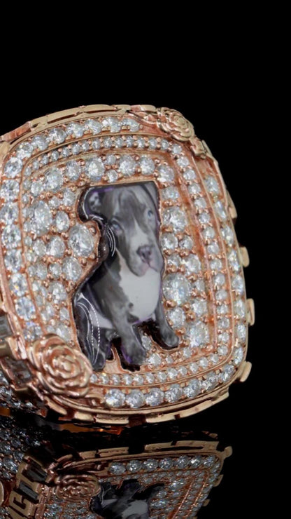 Custom Iced Out Championship Style Memorial Ring, Rose Gold Plated 925 Sterling Silver & VVS Moissanite, Personalized Hip Hop Bling Ring
