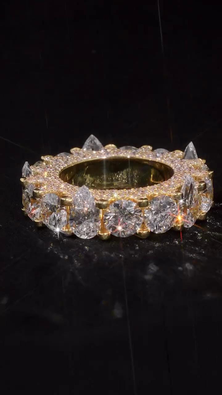 Pear and Round Cut Moissanite Eternity Band Ring | D Color VVS1 Moissanite Diamonds | Full Iced Out Band Ring | Gold Plated 925 Silver