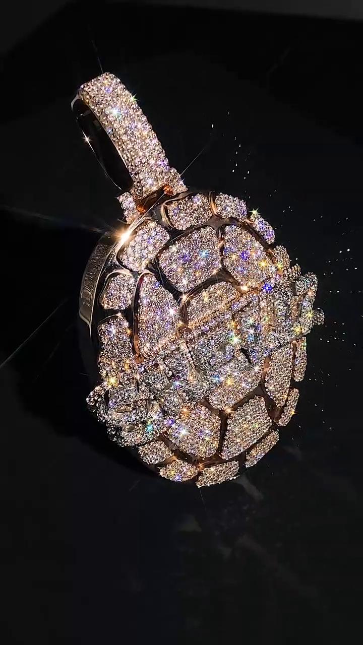 Iced Out Turtle Shell Pendant, Custom Hip Hop Bling, VVS Moissanite / AAA CZ, 925 Sterling Silver, Personalized Rapper Jewelry