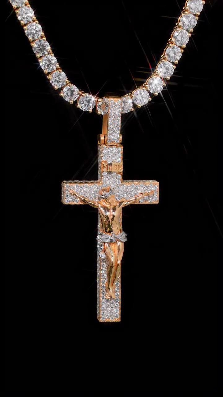 Iced Out Crucifix Pendant Necklace, VVS Moissanite Jesus Cross Pendant, 925 Sterling Silver Christian Necklace, Hip Hop Religious Jewelry