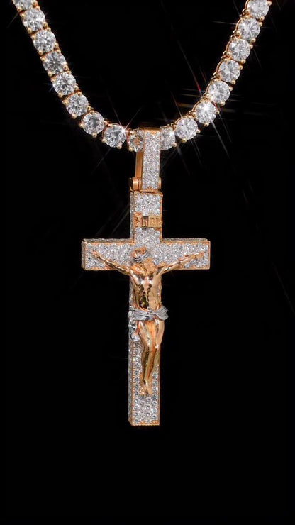 Iced Out Crucifix Pendant Necklace, VVS Moissanite Jesus Cross Pendant, 925 Sterling Silver Christian Necklace, Hip Hop Religious Jewelry