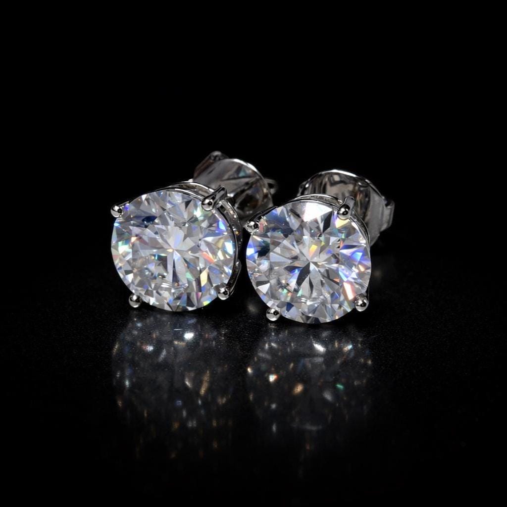 10mm Jumbo Moissanite Stud Earrings, D Color VVS1 Round Cut, 8 Carat Total Weight, 925 Sterling Silver or Solid 10K Gold