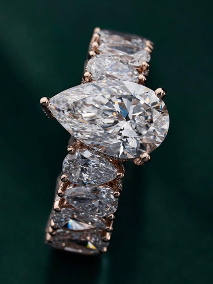 5CT Pear Cut Moissanite Ring, 360 Iced Out Eternity Band, Up Down Pear Design, Rose Gold Plated 925 Silver, Statement Ring