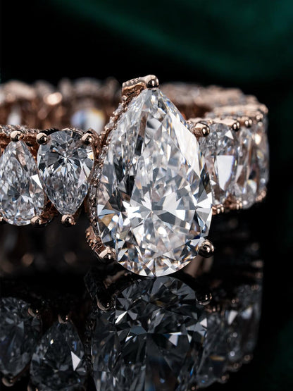 5CT Pear Cut Moissanite Ring, 360 Iced Out Eternity Band, Up Down Pear Design, Rose Gold Plated 925 Silver, Statement Ring