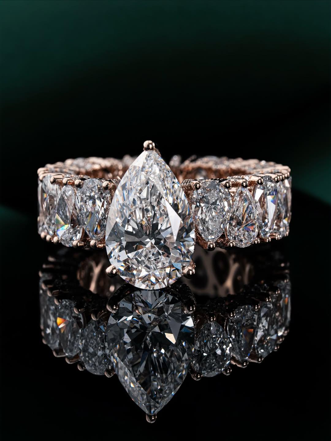 5CT Pear Cut Moissanite Ring, 360 Iced Out Eternity Band, Up Down Pear Design, Rose Gold Plated 925 Silver, Statement Ring