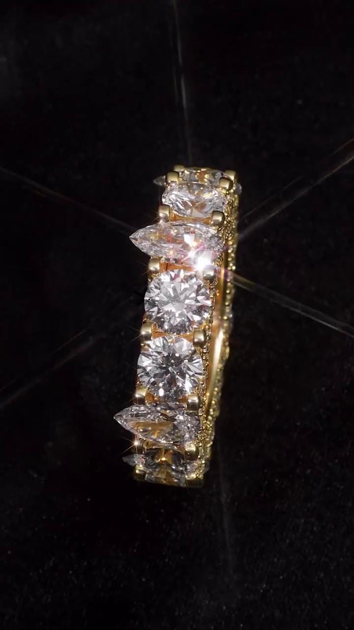 Pear and Round Cut Moissanite Eternity Band Ring | D Color VVS1 Moissanite Diamonds | Full Iced Out Band Ring | Gold Plated 925 Silver