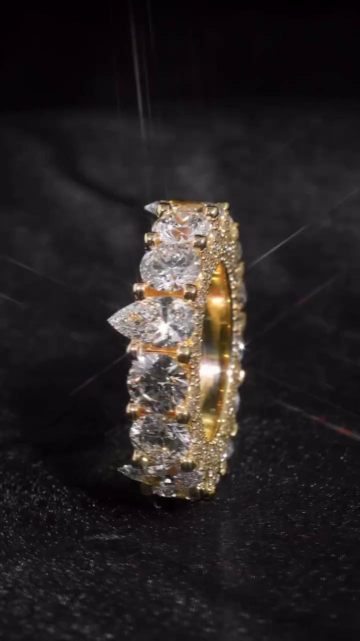 Pear and Round Cut Moissanite Eternity Band Ring | D Color VVS1 Moissanite Diamonds | Full Iced Out Band Ring | Gold Plated 925 Silver