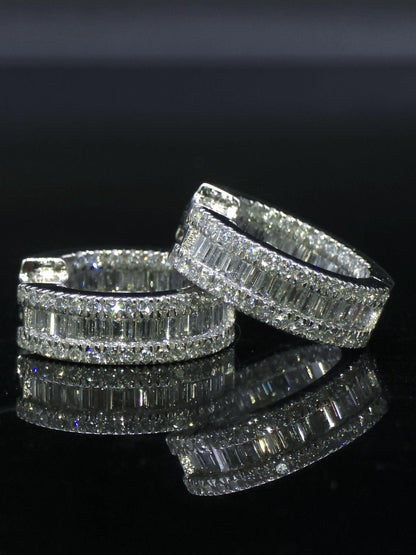 Mens Huggie Earrings, Baguette and Round Cut VVS1 Moissanite Hoop Earrings, 925 Sterling Silver, Diamond Tester Approved