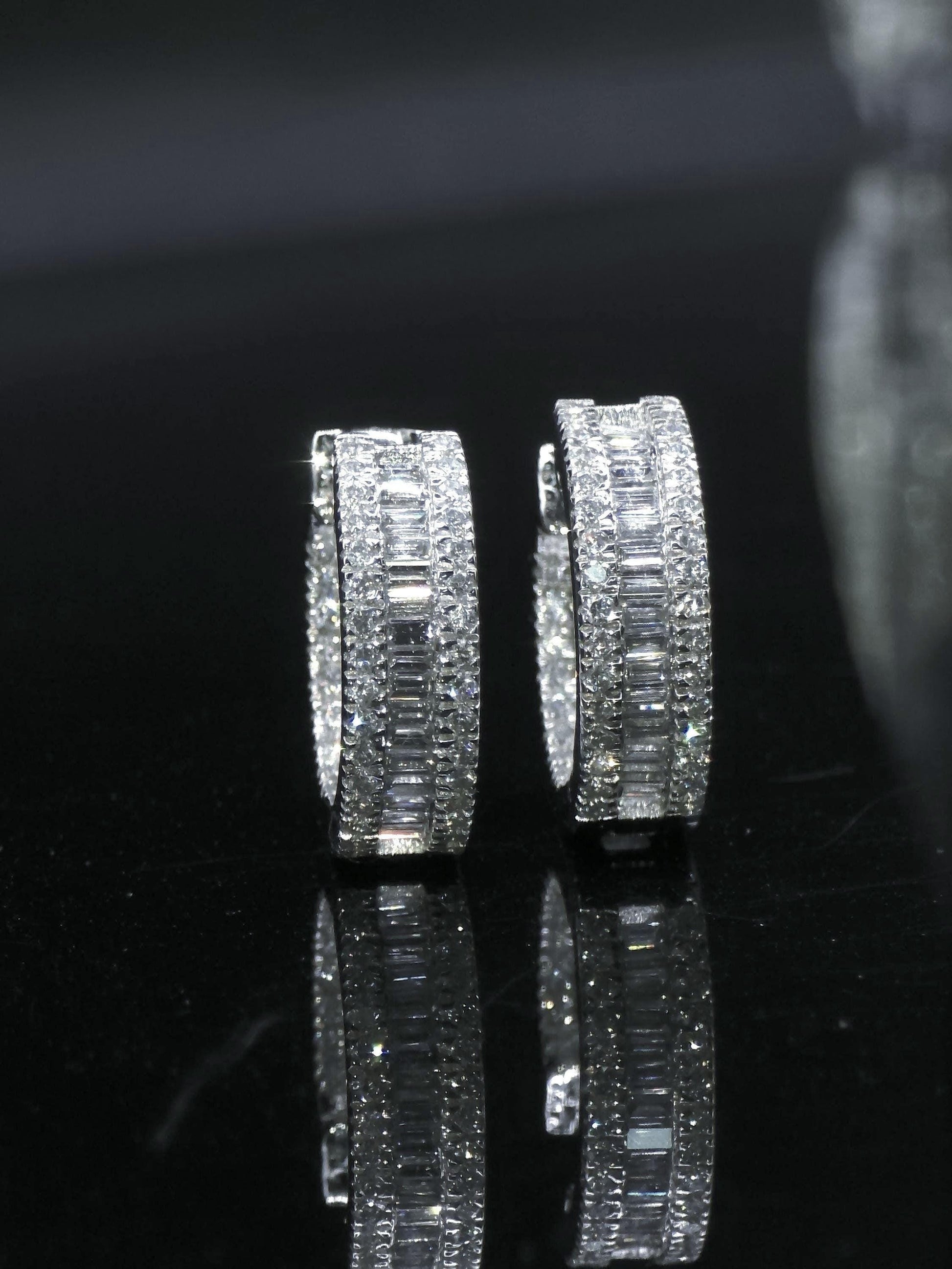 Mens Huggie Earrings, Baguette and Round Cut VVS1 Moissanite Hoop Earrings, 925 Sterling Silver, Diamond Tester Approved