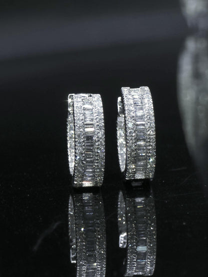 Mens Huggie Earrings, Baguette and Round Cut VVS1 Moissanite Hoop Earrings, 925 Sterling Silver, Diamond Tester Approved