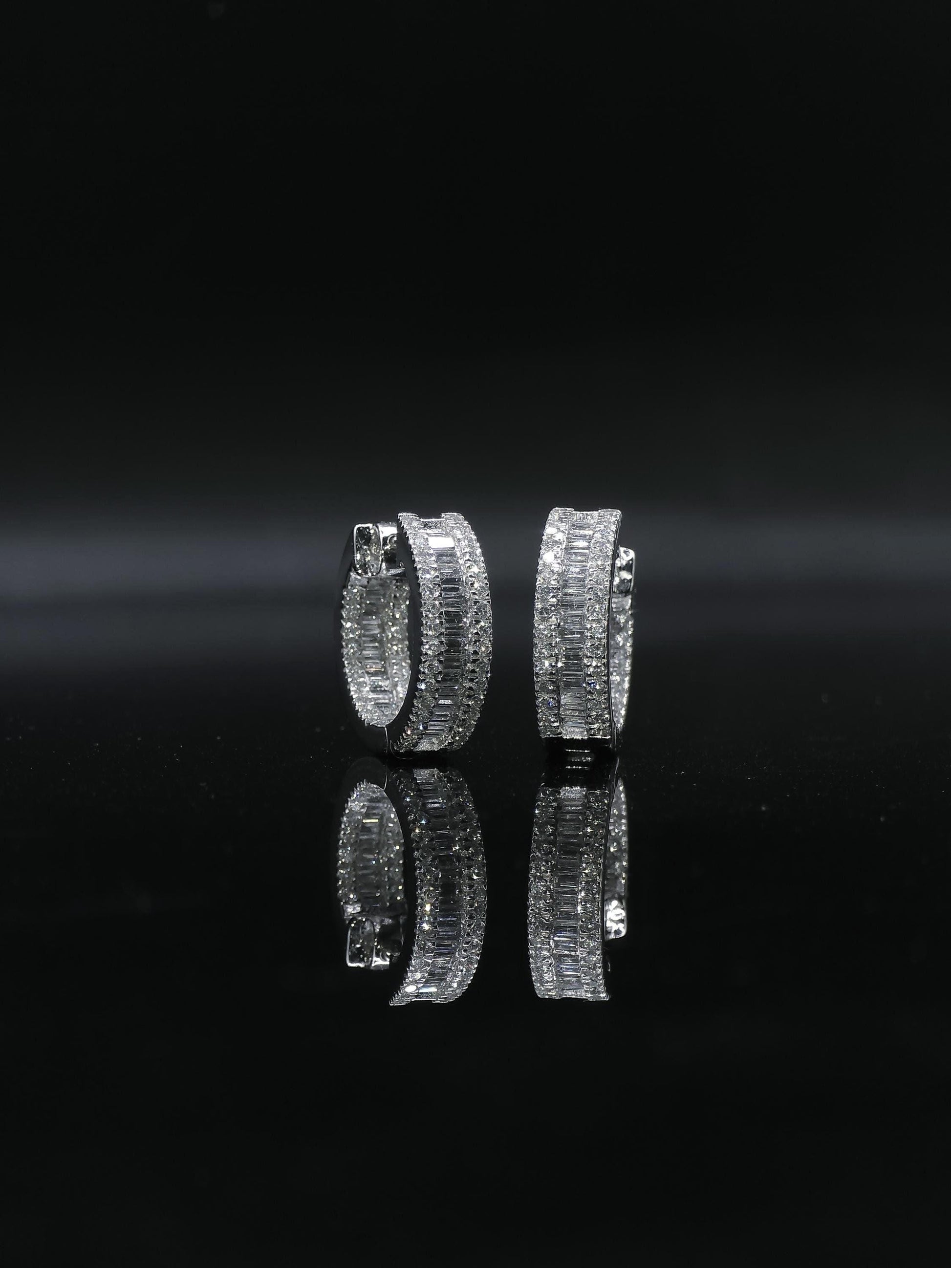 Mens Huggie Earrings, Baguette and Round Cut VVS1 Moissanite Hoop Earrings, 925 Sterling Silver, Diamond Tester Approved