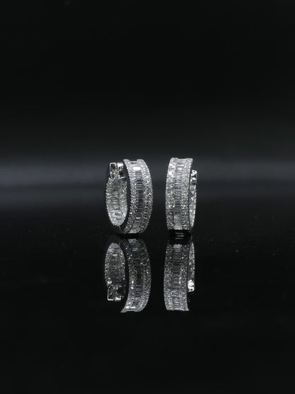 Mens Huggie Earrings, Baguette and Round Cut VVS1 Moissanite Hoop Earrings, 925 Sterling Silver, Diamond Tester Approved