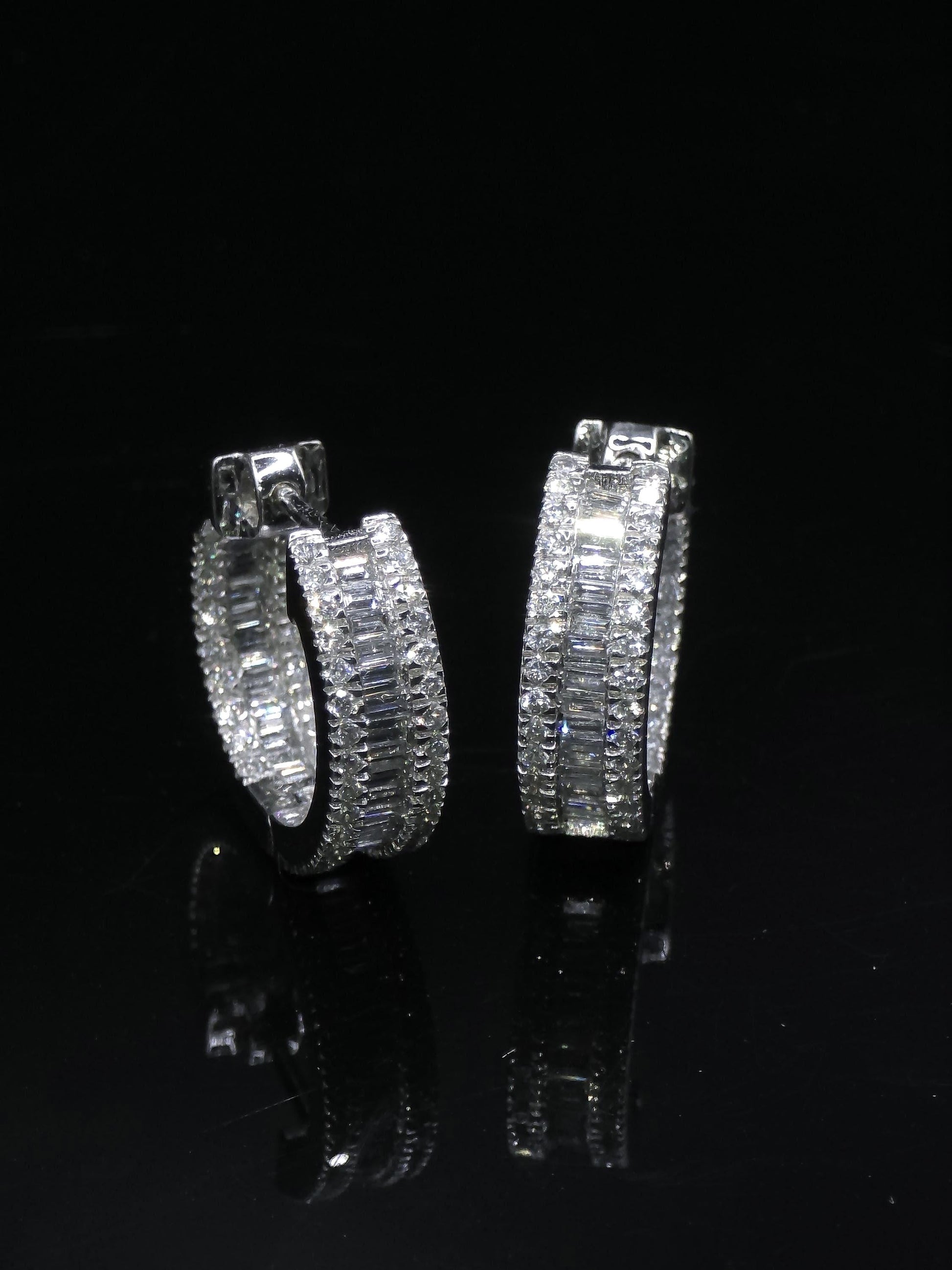 Mens Huggie Earrings, Baguette and Round Cut VVS1 Moissanite Hoop Earrings, 925 Sterling Silver, Diamond Tester Approved