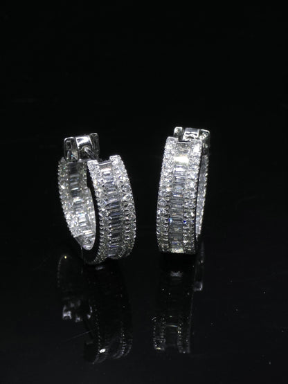 Mens Huggie Earrings, Baguette and Round Cut VVS1 Moissanite Hoop Earrings, 925 Sterling Silver, Diamond Tester Approved
