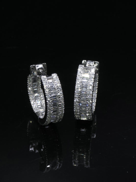 Mens Huggie Earrings, Baguette and Round Cut VVS1 Moissanite Hoop Earrings, 925 Sterling Silver, Diamond Tester Approved