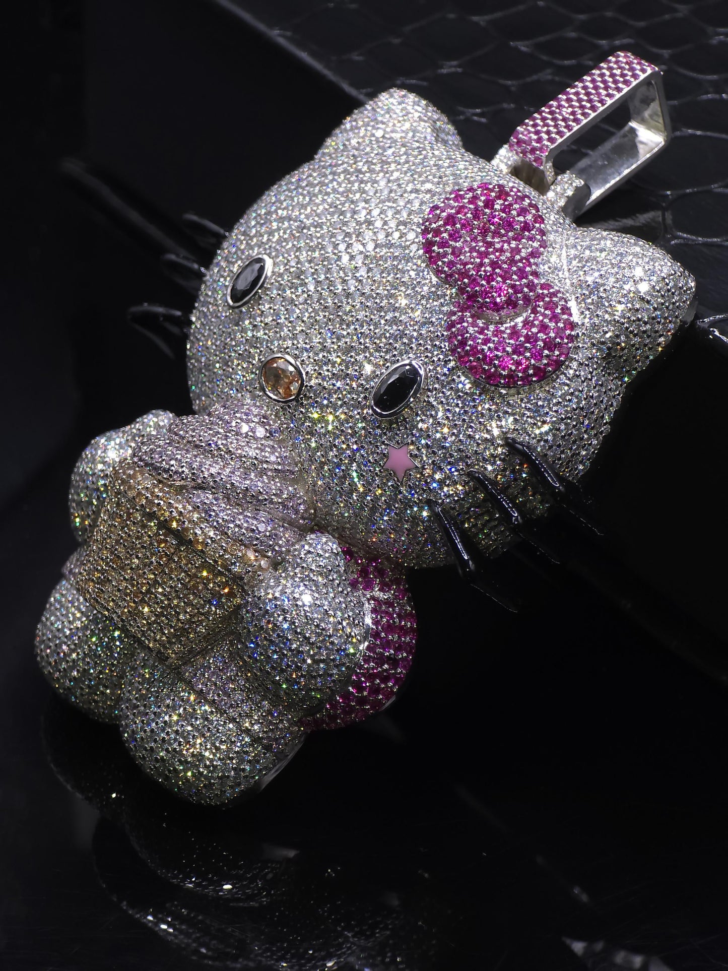 3" Fully Iced Hello Kitty with Cupcake VVS Moissanite Diamond Pendant, Passes Diamond Test, Icy Hip Hop Pendant, Solid Back