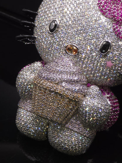 3" Fully Iced Hello Kitty with Cupcake VVS Moissanite Diamond Pendant, Passes Diamond Test, Icy Hip Hop Pendant, Solid Back