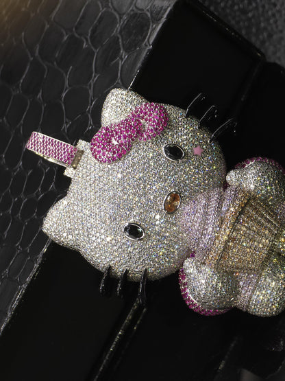 3" Fully Iced Hello Kitty with Cupcake VVS Moissanite Diamond Pendant, Passes Diamond Test, Icy Hip Hop Pendant, Solid Back