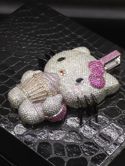 3" Fully Iced Hello Kitty with Cupcake VVS Moissanite Diamond Pendant, Passes Diamond Test, Icy Hip Hop Pendant, Solid Back