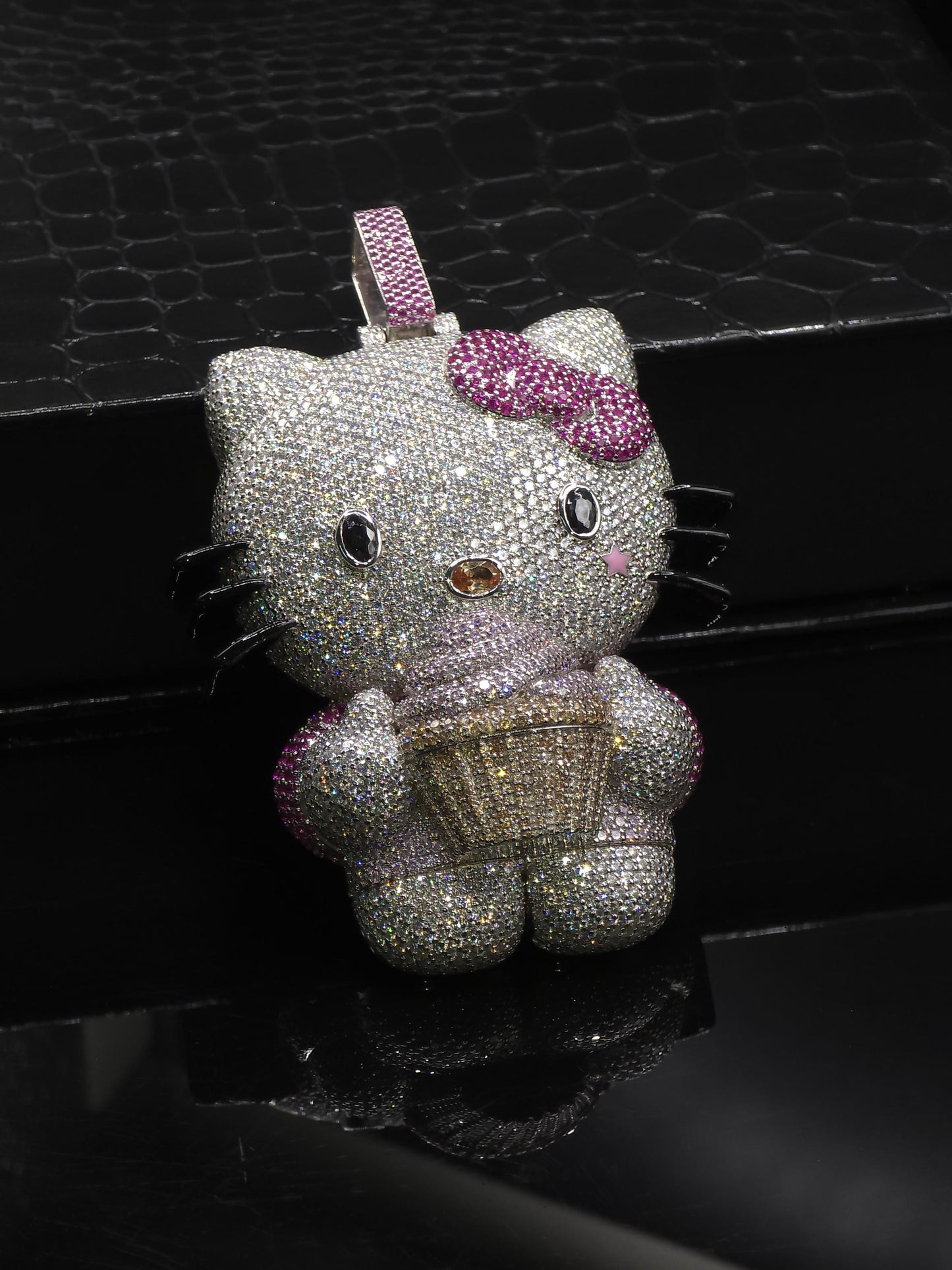 3" Fully Iced Hello Kitty with Cupcake VVS Moissanite Diamond Pendant, Passes Diamond Test, Icy Hip Hop Pendant, Solid Back