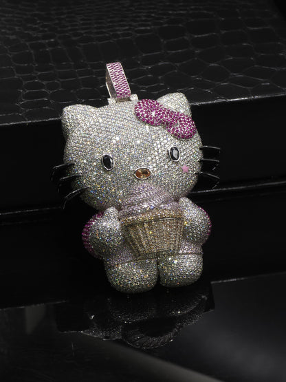 3" Fully Iced Hello Kitty with Cupcake VVS Moissanite Diamond Pendant, Passes Diamond Test, Icy Hip Hop Pendant, Solid Back
