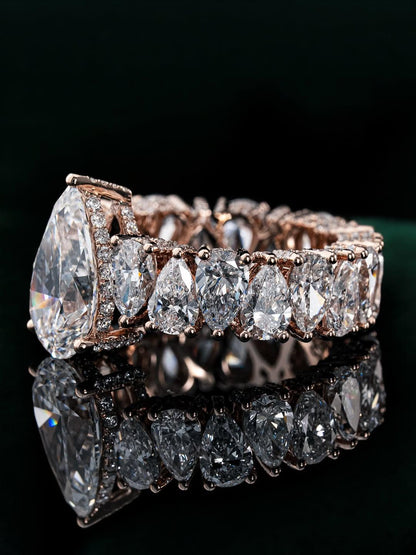 5CT Pear Cut Moissanite Ring, 360 Iced Out Eternity Band, Up Down Pear Design, Rose Gold Plated 925 Silver, Statement Ring