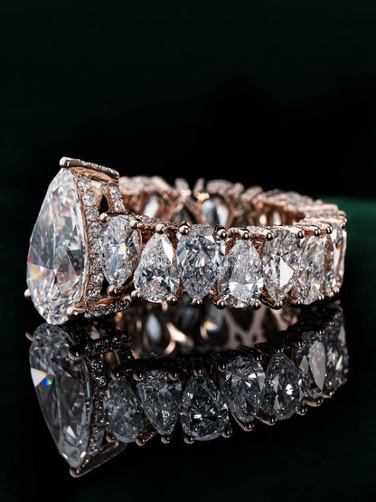 5CT Pear Cut Moissanite Ring, 360 Iced Out Eternity Band, Up Down Pear Design, Rose Gold Plated 925 Silver, Statement Ring