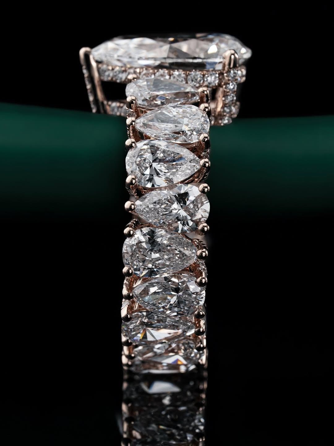 5CT Pear Cut Moissanite Ring, 360 Iced Out Eternity Band, Up Down Pear Design, Rose Gold Plated 925 Silver, Statement Ring